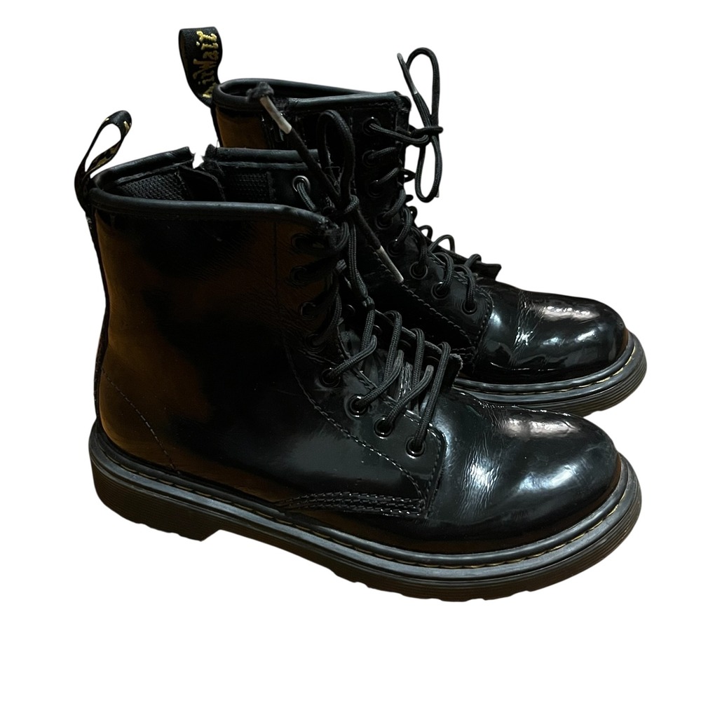 Dr. Martens Delaney Kids Black Patent Leather Lace Up Side Zip Boots size 3